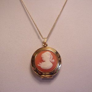 Gold Tone Orange White Cameo Locket Necklace 16" L